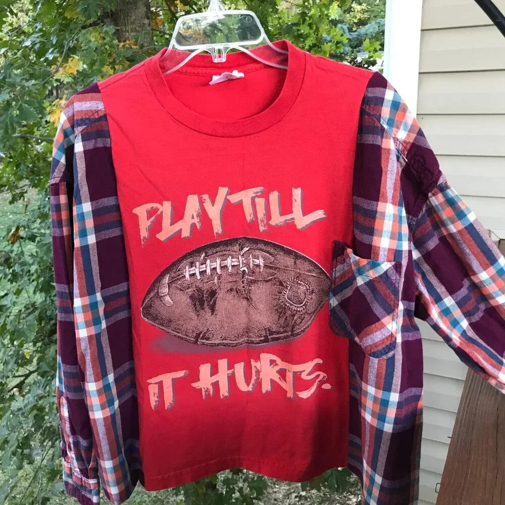 Upcycled Flannel Shirt, Oversized Football Graphic T-Shirt Pullover, Sz M - L - Picture 8 of 11